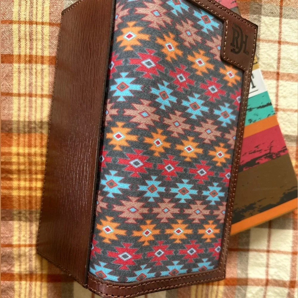 New Red Dirt Western Wallet Mens Rodeo Leather Southwestern Canvas Inlay Aztec